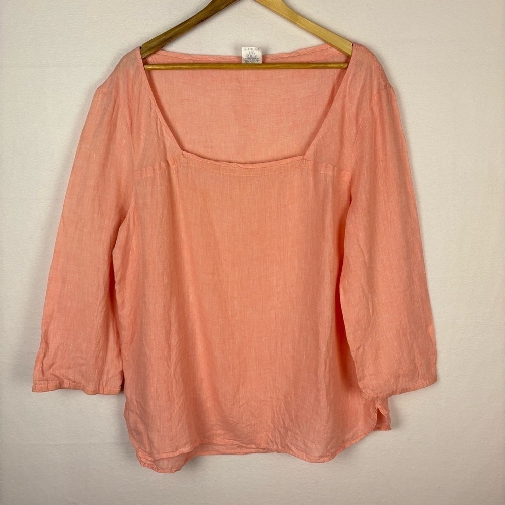 Lands' End 100% Linen Pink Square Neck Blouse Coastal Lagenlook